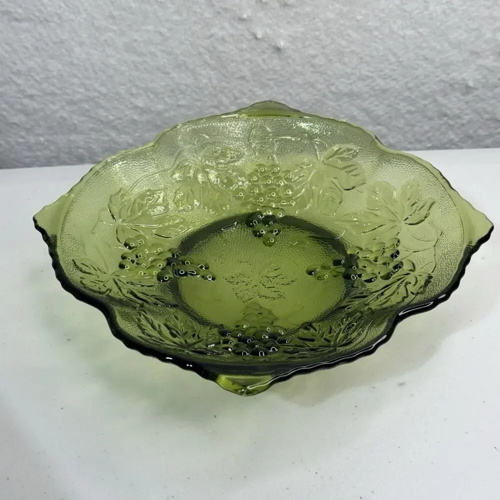 Vintage Anchor Hocking Green Footed Grape And Leaves Serving Bowl Trinket Dish